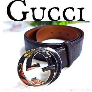 Gucci Ssima Interlocking G Leather Unisex Belt 94cm Authentic